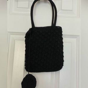 Vintage Women’s Black Macrame Crochet Purse Shoulder Bag Attached Coin Purse